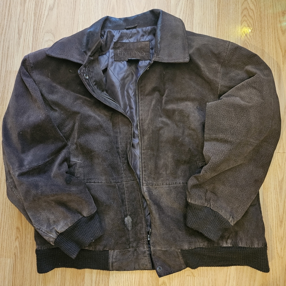 Vintage Basic Editions Brown Leather Bomber Jacket Mens XL Full Zip. 1990s.